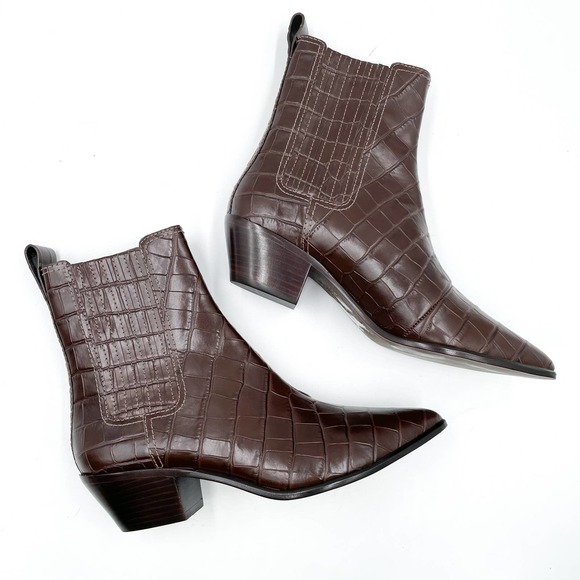 Loeffler Randall Aylin Brown Croc Embossed Boots Ankle Low Block Heel Sz 9 - Picture 3 of 10